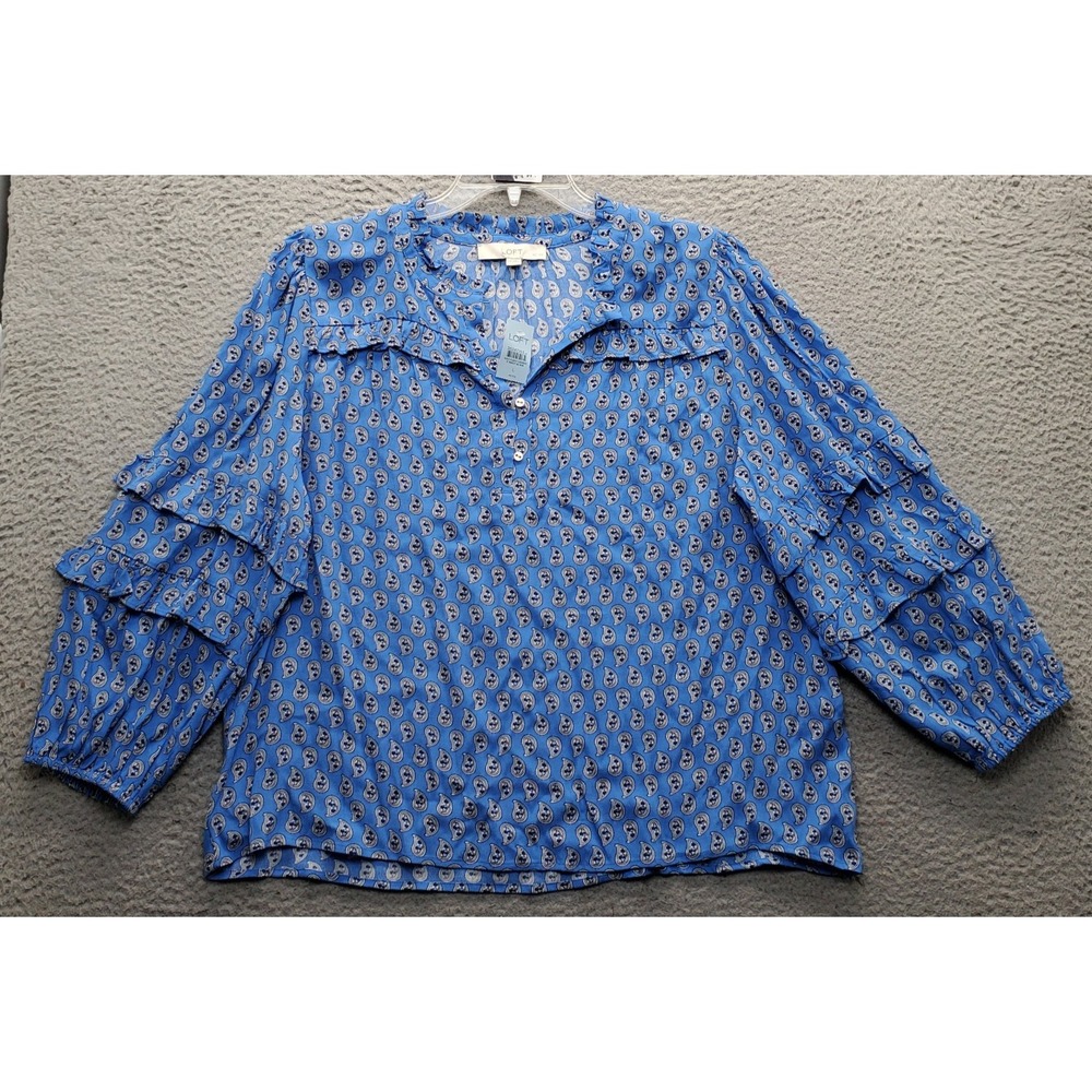 LOFT Blouse Womens Petite PL Multi Paisley Ruffle Sleeve Crew Neck Button Front